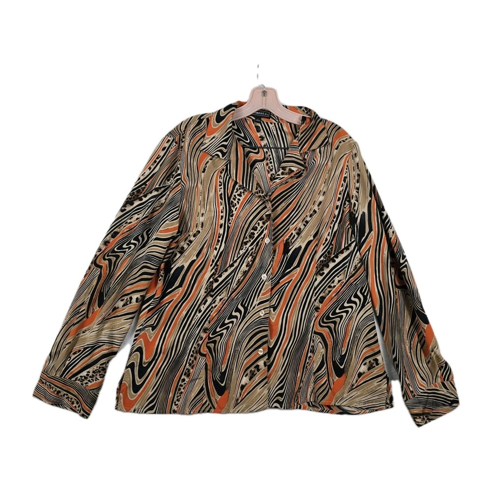 Elementz Womens Size Large Orange Black Abstract Animal Print Button Up Blouse